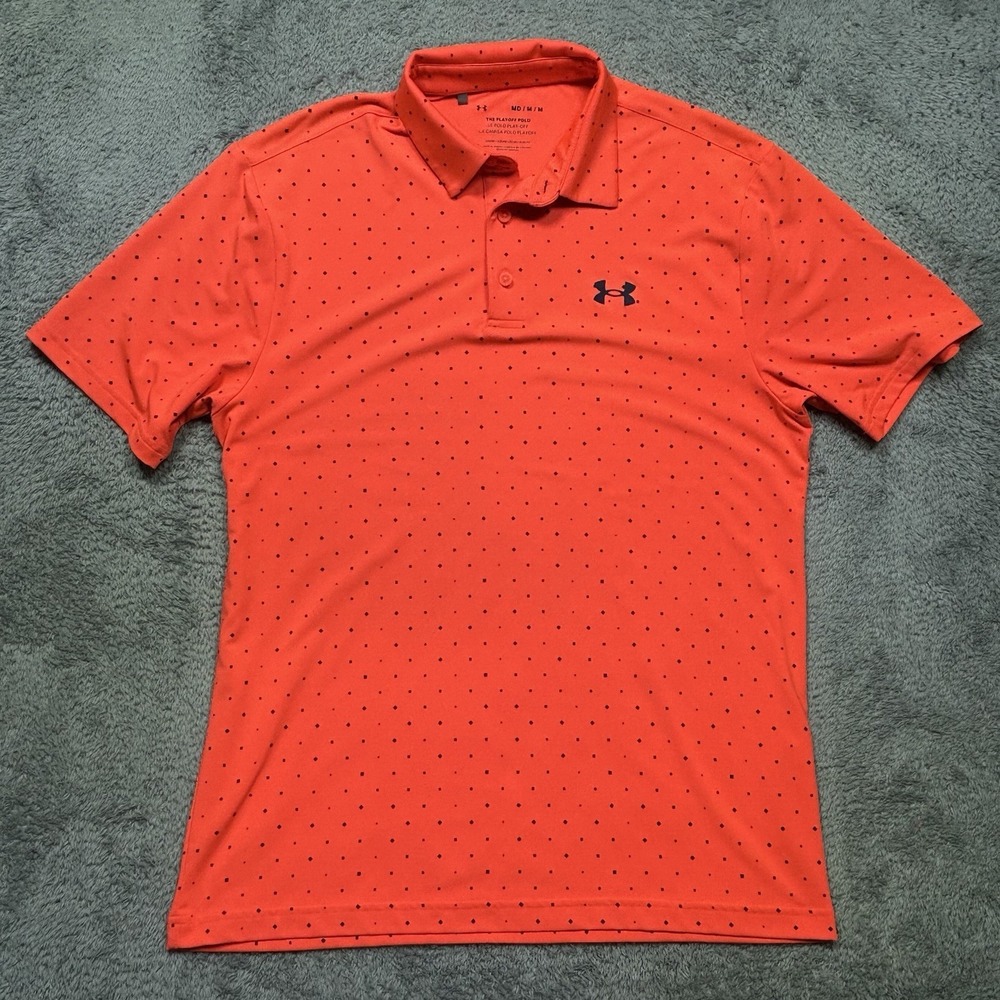 Under Armour Playoff Polo Shirt Mens M Orange Polka Dot Performance Loose EUC